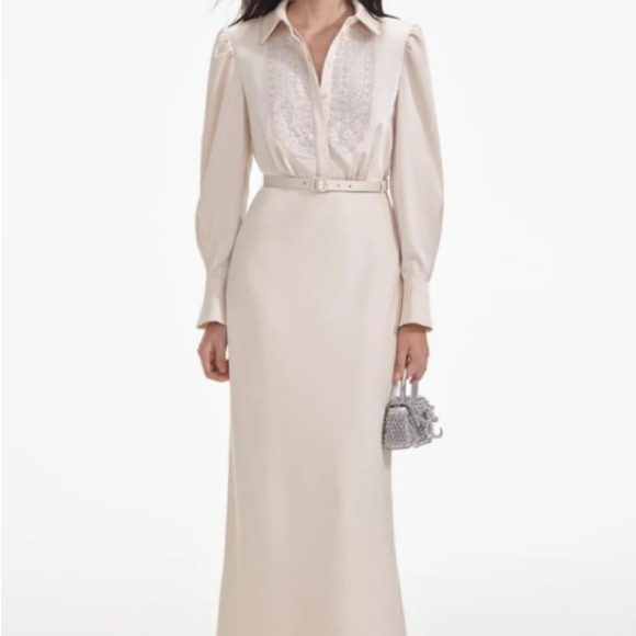 Self-Portrait Cream Satin Embellished Bib Maxi Dress
